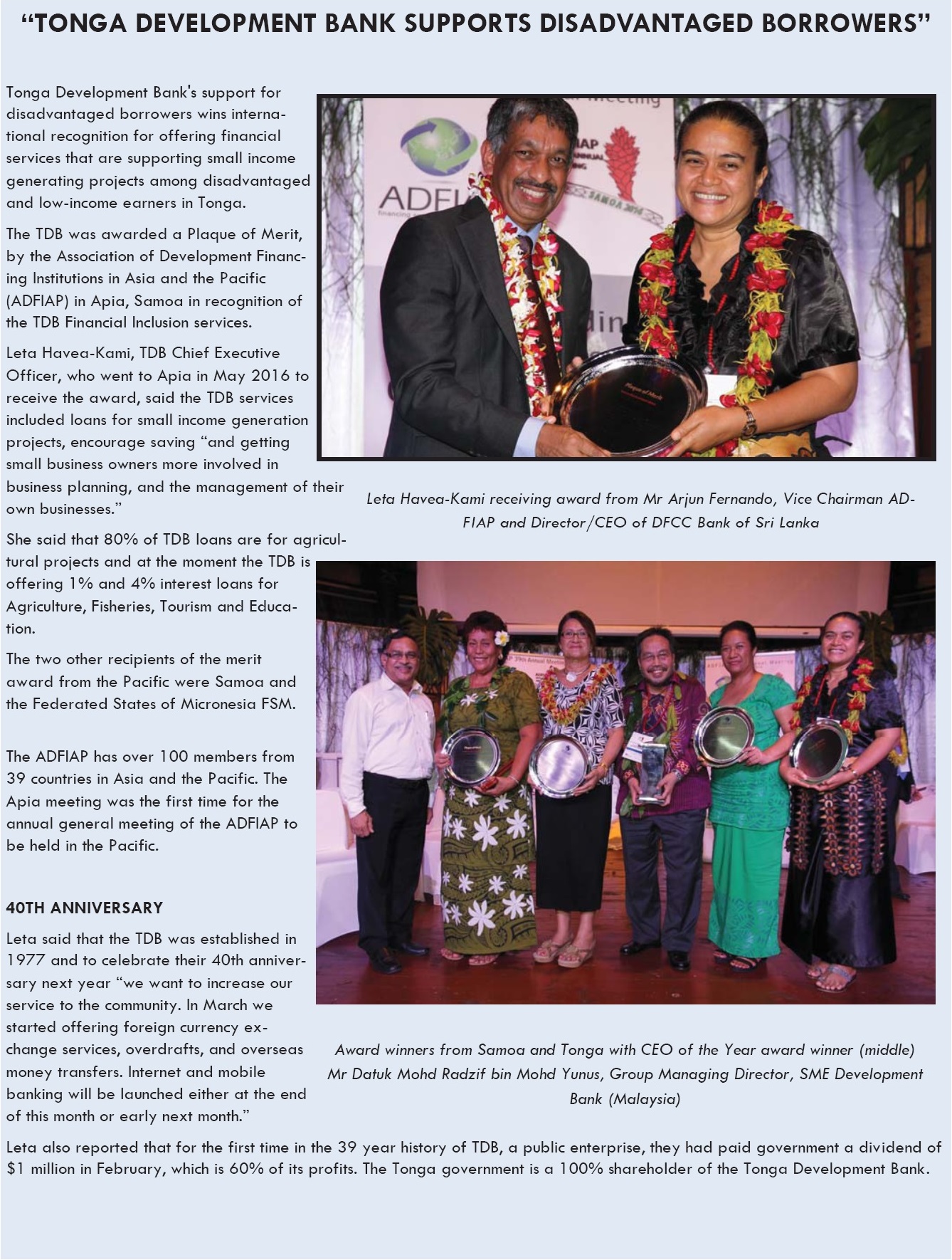 ADFIP News - Home - Tonga Development Bank
